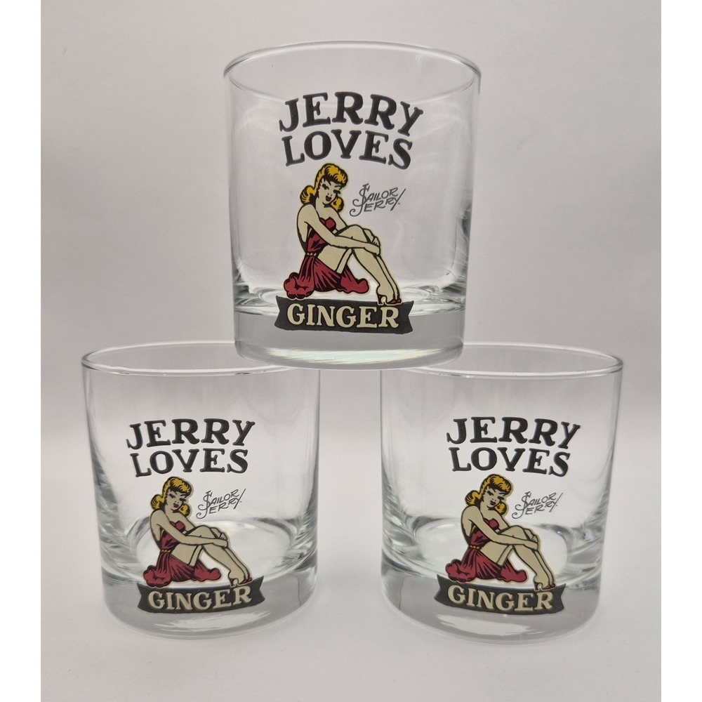 Sailor Jerry Loves Ginger Pin Up Rock Glass Highball Cocktail Bar 3.5" Set Of 3